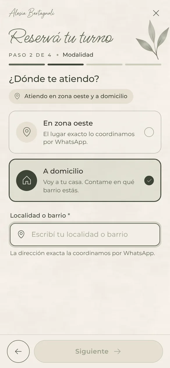 Pantalla mobile: Modalidad · a domicilio